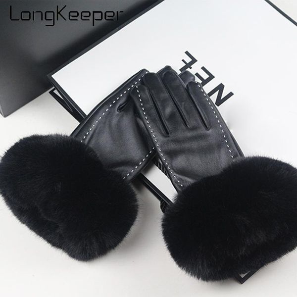 

longkeeper fashion pu leather gloves women touch screen full finger mittens ladies black warm driving luvas, Blue;gray