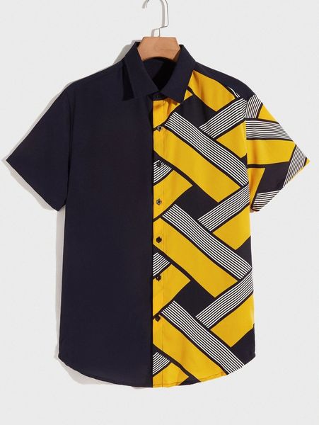 

men drop shoulder geo print colorblock shirt q23x#, White;black