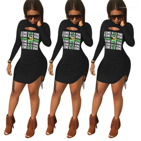 

sleeve dresses designer female hole round neck casual slim short skirt come back home women dress fashion letter pattern split long, Black;gray