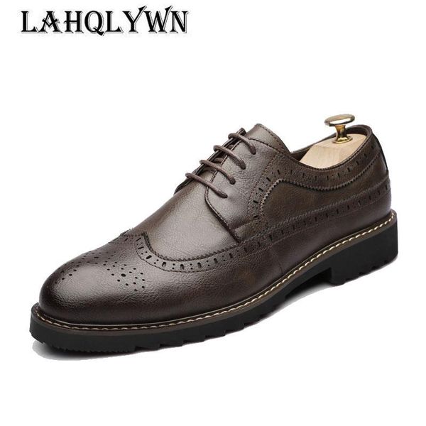 

2020 leather shoes lace up modern men's business dress brogue shoes party wedding suit formal footwear male dress h172, Black