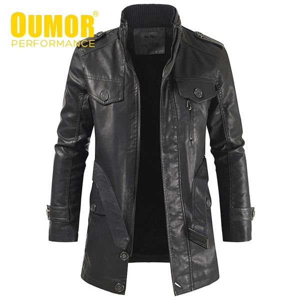 

oumor men winter casual long warm fleece pu leather jacket coat men outwear brand thick punk motor vintage leather jackets men 201130, Black;brown