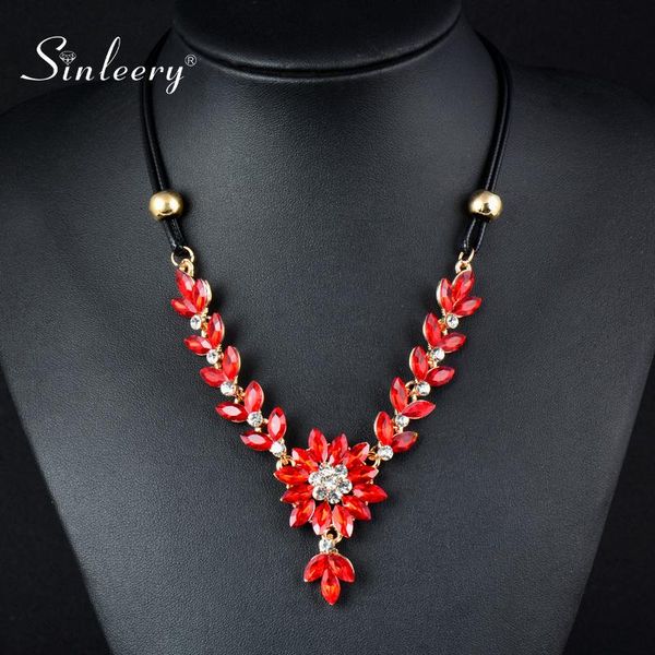 

sinleery bohemian red flower pendant necklace cubic zirconia black leather chain statement necklace jewelry xl766 sso, Golden;silver