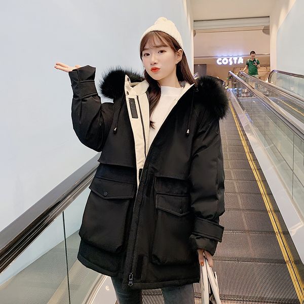 

2021 newoutdoors women winter coat long hooded false fur windbreaker female down jacket big pockets tb5m, Black
