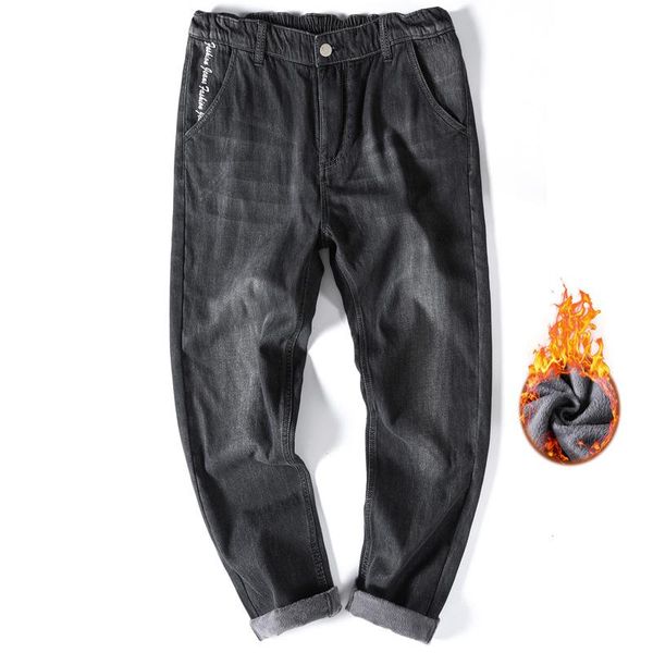 

men's jeans winter plus velvet size stretch loose thick harem pants keep warm tide ankle-length denim men,830, Blue