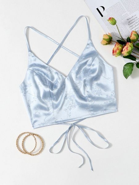 

satin lace up backless crop cami 53jt#, White