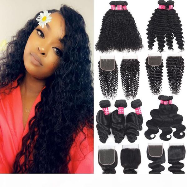 

brazilian human hair bundles with closure curly virgin hair with lace closure deep loose wave peruvian malaysian hair bundles with closures, Black;brown