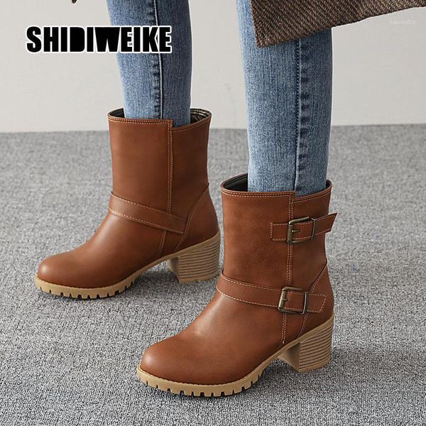 

boots women platform heels ankle high female booties shoes round toe ladies button 2021 autumn v6211, Black