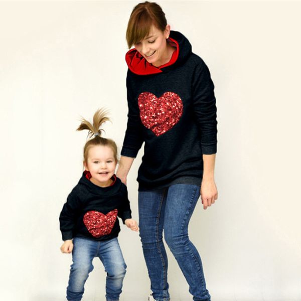 

parent-child sequined hoodies kids adults hooded sweater heart sequins pullover sweater mom baby hoodie blouse women sweatshirts g11808, Black