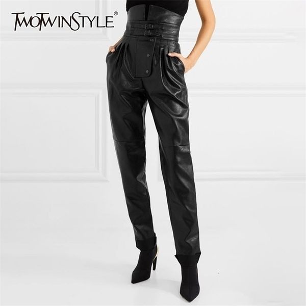 

twotwinstyle pu leather high street style women's pants high waist ruched asymmetrical trousers female fashion clothing new 201228, Black;white