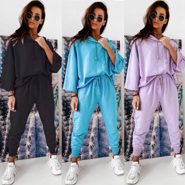 

women's casual 2020 autumn two-piece set hoodie trousers suit elastic home gym lace-up wear solid color loose pants sport suits1, Gray