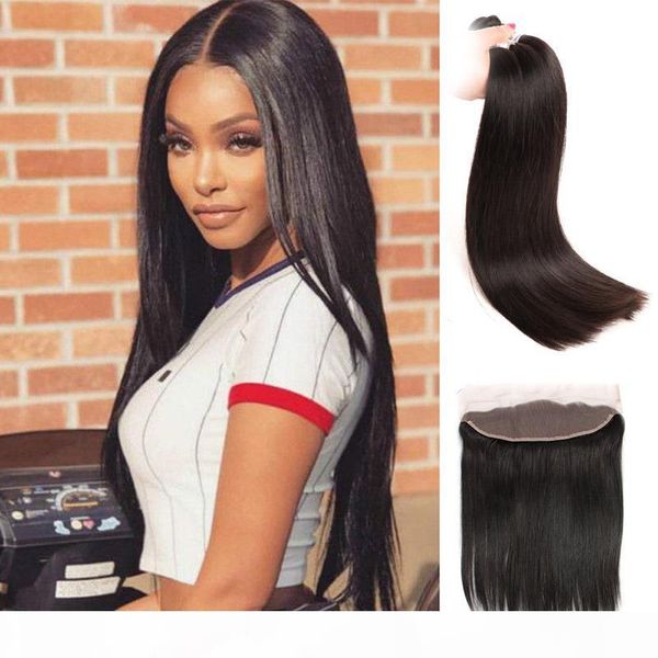 

indian raw virgin hair 4 pieces one set bundles with 13x4 lace frontal silky straight 3 bundles with 13 by 4 frontal ear to ear straight, Black;brown