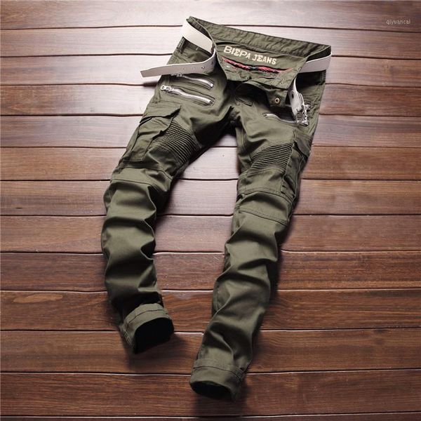 

men multi zippers full length jeans runway slim biker jeans fashion hiphop skinny for men army green casual denim trousers1, Blue