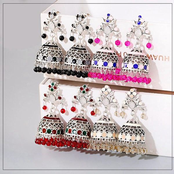 

dangle & chandelier 2021 corful jhumka jewelry vintage flower bell tassel earring boho ethnic hollow hanging earrings for women pendientes, Silver