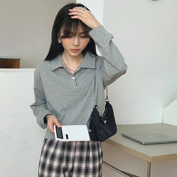 

t6yvo 2020 осени универсальной сплошного цвета футболки и свитер и нижнего элегантного нежного нижний износ поло воротника короткой длинный, White