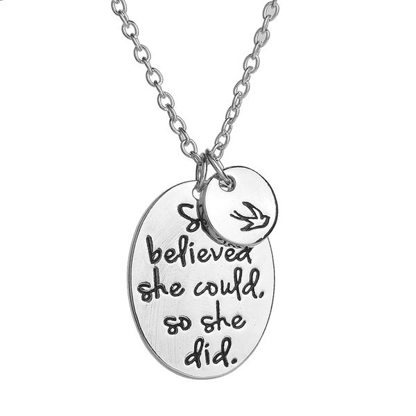 

believed she could so she did" alloy swallow letter charms pendant necklace for women friends inspirational jewelry, Silver