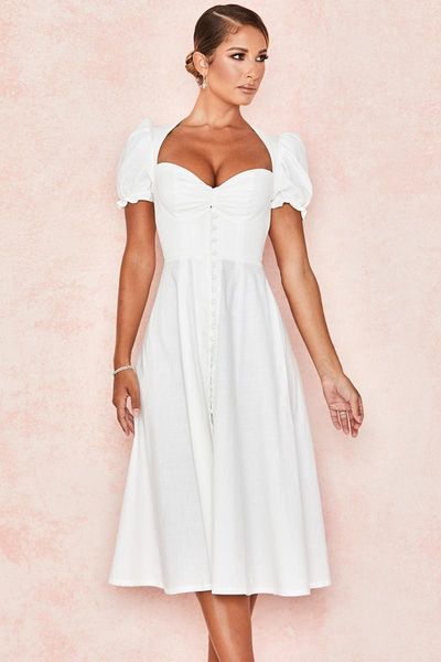 

casual dresses deiveteger2021 arrival white linen blend puff sleeve midi sundress 8299, Black;gray