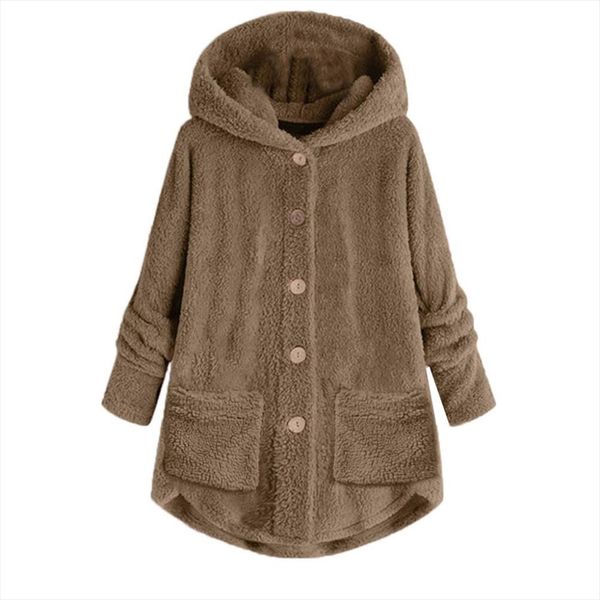 

women solid color warm plush button hooded coat loose jacket irregular outwear drop shipping good quality, Black