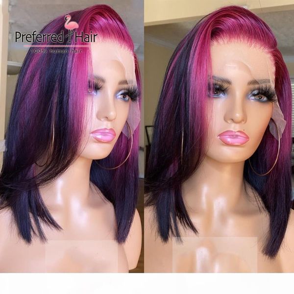 

preferred lace front human hair wigs short bob wigs 150% brazilian human hair wig purple lace frontal for black women, Black;brown