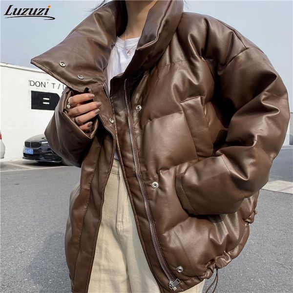 

luzuzi 2020 winter new pu leather jacket women harajuku thick warm faux leather puffer coat female loose oversized snow parkas, Black