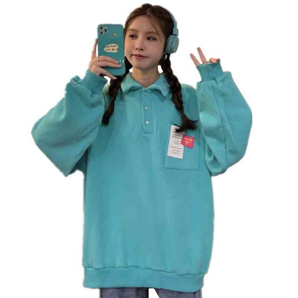 

spring women vintage hoodies casual loose street fashion hoody polo button up neck drop long sleeves pullover sweatshirt, Black