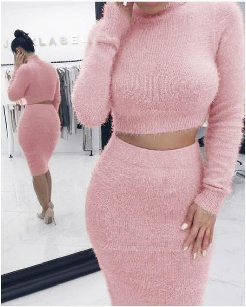 

women designers clothes 2020 autumn winter 2 piece set women long sleeve sweater knit skirt elegant lady 6 color two piece set warm clothing, White
