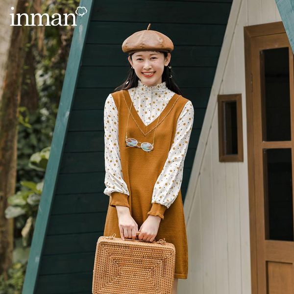 

inman 2020 autumn winter new arrival long-sleeved stitching design fake two pieses pastoral style dots cute dress, Black;gray