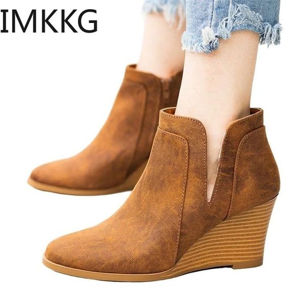 

women vintage pu elegant ladies boots fashion women high heels wedges zipper solid color short booties round toe shoes, Black