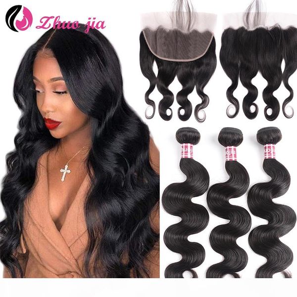 

zhuo jia brazilian hair body wave 3 bundles with frontal human hair weave lace frontal closure with bundles remy hair extensions, Black;brown