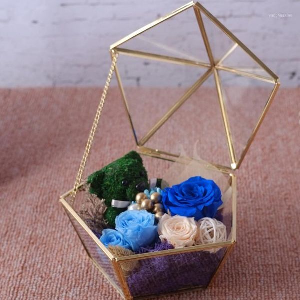 

party favor 2pcs clear glass metal geometric terrarium diamond penta faceted tablesucculent plants pot box air planter container box1