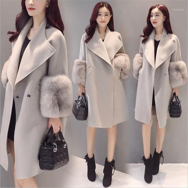 

office lady slim women long winter wool blend coat turn-down collar wool coat and jacket covered button outerwear1, Black
