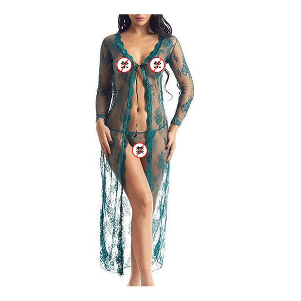 

2020 lace women's underwear t-back long dress lingerie tulle female transparent illusion nightdress, Black;white