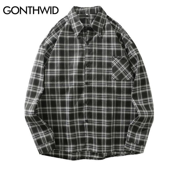 

harajuku front pocket long sleeve plaid shirts men fashion casual dress shirts coat hip hop streetwear shirt male, White;black