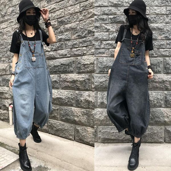 

women's jeans cool denim overalls large size 2021 autumn casual loose vintage wide leg jumpsuit calf-length pants mom high waist, Blue