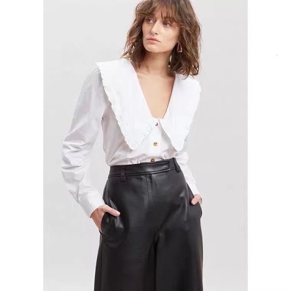 

21 early spring deep v lapel shirt nordic big petal collar bottomed cardigan art show, White