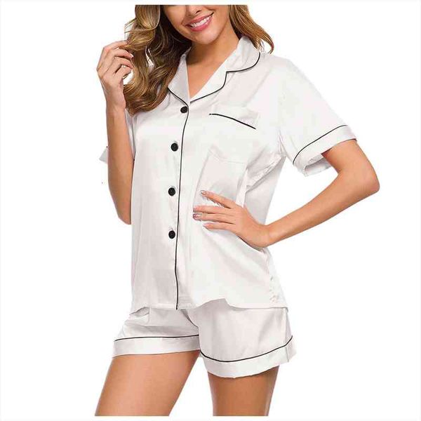 

women sleepwear summer pajama set pink turn down collar faux silk satin blue short sleeve casual female pijama home wear, Black;red