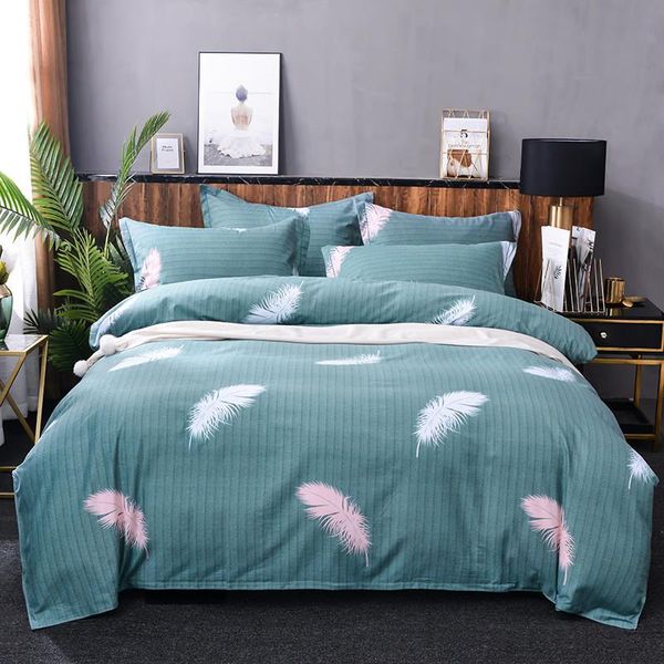 

pure cotton nordic style 4pcs duvet cover bed sheet pillowcases leaves plaid green