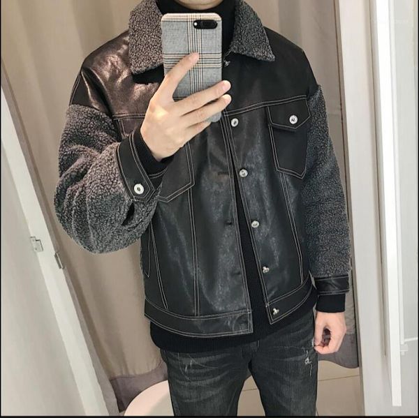 

m-2xl winter motorcycle pu leather splice jacket men's thick deer velvet lamb hair large size jacket men's cotton clothing1, Black