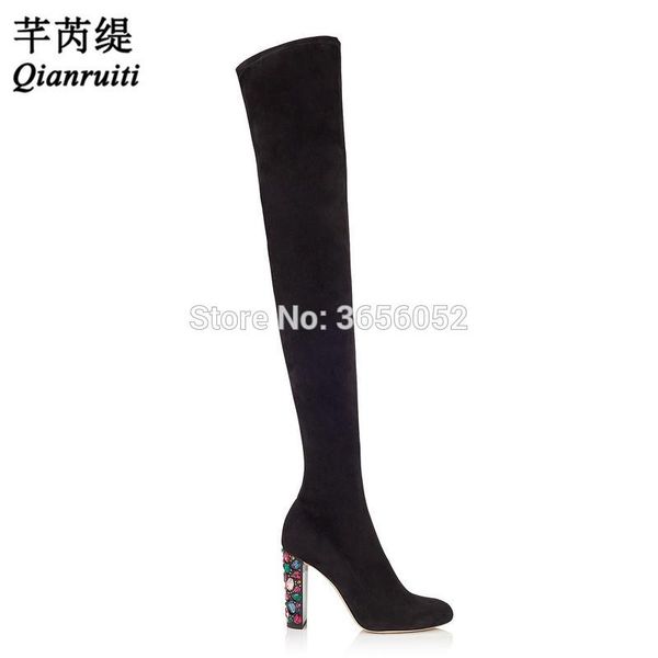 

qianruiti black beige suede bota over the knee diamond embellished women shoes luxury multi crystals block heel thigh high boots