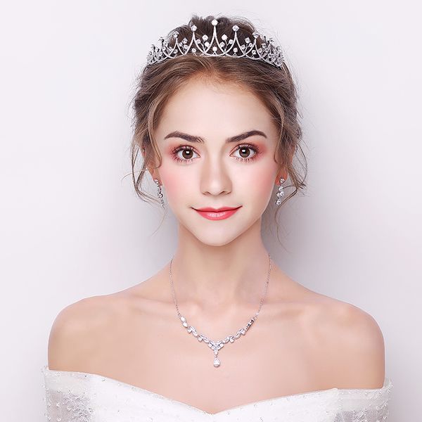 

bridal crown, headdress, necklace and hair ornament three piece set 2020 korean wedding dress zircon 18 year old jewelry, Silver