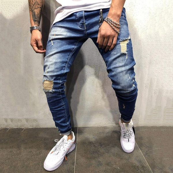 

blue ripped jeans mens slim fit distressted knee-broken hole denim pants pocket streetwear men trousers jeans1