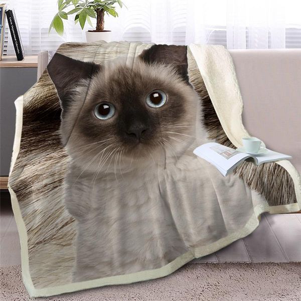 

2021 gray cat throw blanket on bed 3d animal plush sherpa blanket pet siamese bedspreads fur print thin quilt 150x200cm