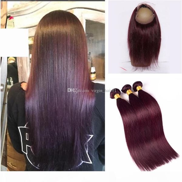 

brazilian wine red 360 lace frontal closure with bundles silk straight brazilian #99j burgundy hair wefts with 360 degree band lace closure, Black;brown
