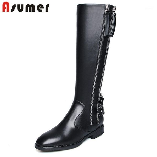 

boots asumer 2021 genuine leather shoes women knee high zip round toe autumn winter riding fashion woman1, Black