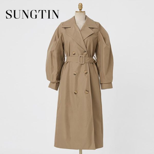 

women's trench coats sungtin long office lady coat women loose solid double-breasted puff sleeve windbreaker black outerwear korean chi, Tan;black