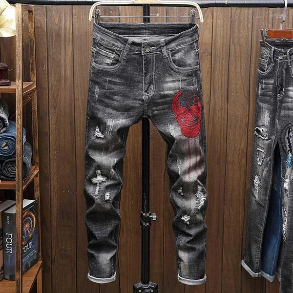 

male jeans men men's jean homme denim slim fit pants trousers black biker printing ripped spijkerbroeken heren, Blue