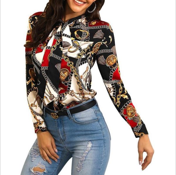

women blouse fashion streetwear panelled contrast color chain pattern print womens shirts autumn long sleeve lapel neck tie wholesale, White