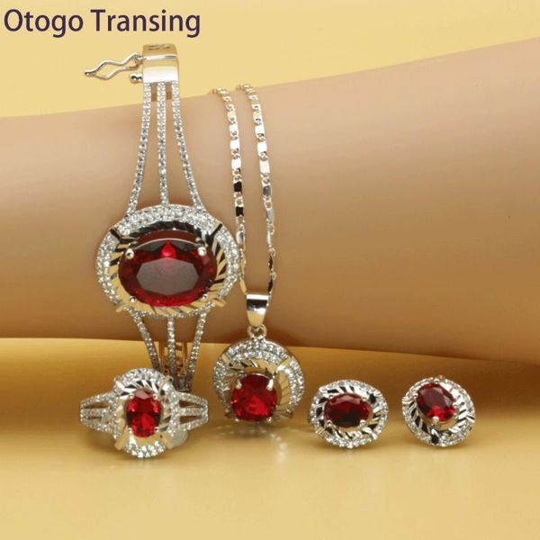 

otogo transing 2021 party silver color jewelry set women fashion charm red crystal ring earrings necklace bracelet flower set213