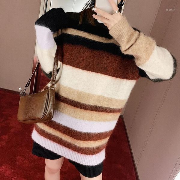 

women sweater 2019 mohair wool color matching rainbow striped round neck pullover loose long sweater1, White;black