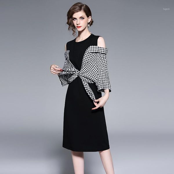 

jsxdhk runway autumn two false pieces dress women off shoulder plaid patchwork bow dress casual fashion plus size1, Black;gray