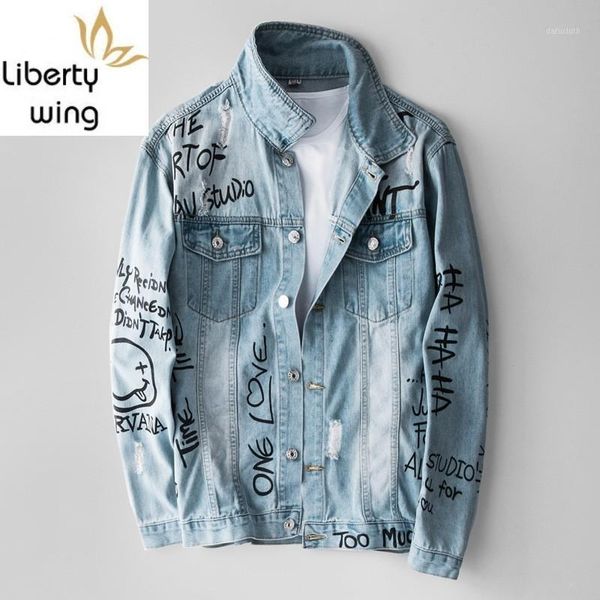 

spring 2020 denim men fashion loose letter printed cowboy short coat high street light blue frayed single breasted jacket1, Black;brown